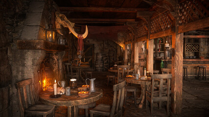 Poster - Dark moody medieval tavern inn interior with food and drink on round tables around an open fire burning in the fireplace. 3D illustration.