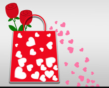 Red Bag With Red Roses And Dispersion Of Pink Hearts Around The Bag With Gray Background.
Trendy Design With Attractive Color Combination Used For Banner, Poster And Greeting Cards.