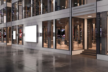 Modern Glass Store Front Exterior Design With Reflections And Empty White Banner. Mock Up, 3D Rendering.
