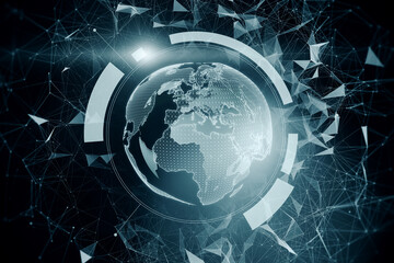 Aufkleber - Glowing digital polygonal globe on blurry blue background. Technology, innovation and futuristic network concept. 3D Rendering.