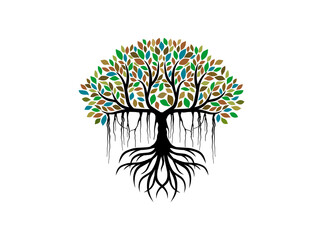 Wall Mural - tree and roots logo design. Abstract Banyan tree with rainbow and colorful leaves, vector isolated on white.
