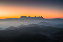 Sunrise Over Doi Luang Chiang Dao Mountain And Foggy On Hill In National Park From Doi Kham Fah Viewpoint