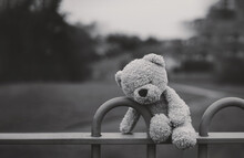 Black And White Lost Teddy Bear Sitting On Bench At Playground In Gloomy Day,Lonely And Sad Face Bear Doll Lied Down Alone In The Park, Lost Toy,Loneliness Concept, International Missing Children Day