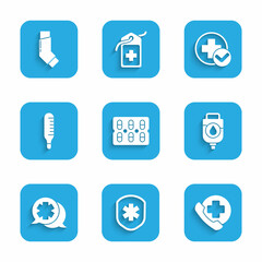 Wall Mural - Set Pills in blister pack, Medical shield with cross, Emergency phone call to hospital, IV bag, Dialogue the doctor, thermometer, Cross medical and Inhaler icon. Vector