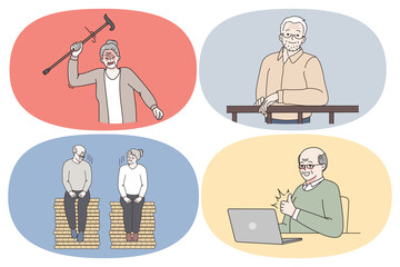 Wall Mural - Emotions of elderly people pensioners concept. Set of mature people grandparents feeling furious waving with club smiling having misunderstanding in couple and learning laptop vector illustration