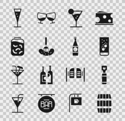 Poster - Set Wooden barrel, Bottle opener, Effervescent tablets in water, Martini glass, Pickled cucumber on fork, cucumbers jar, Glass of champagne and Beer bottle icon. Vector