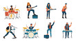 © SpicyTruffel - Rock band characters. Cartoon guitar player, vocalist and drummer playing rock music, metal band members. Vector competition rock show isolated set