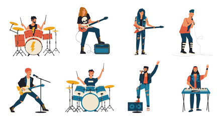 Rock band characters. Cartoon guitar player, vocalist and drummer playing rock music, metal band members. Vector competition rock show isolated set