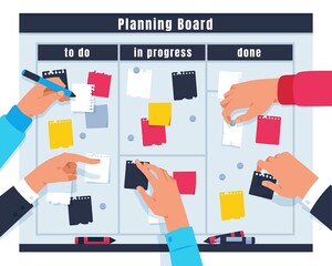Poster - Scrum task board. Ream project collaboration, cartoon hands pointing on kanban board with tasks. Vector agile planning concept
