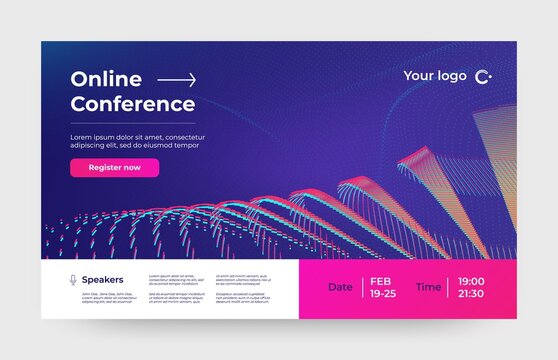 Wall Mural - Webinar conference. Online meeting invitation poster, web media event and lecture promotion. Vector business summit invitation