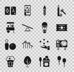 Sticker - Set Balloons, Amusement park billboard, Ticket, Firework rocket, Seesaw, Fast street food cart, Tarot cards and Hot air balloon icon. Vector