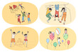 © drawlab19 - Happy childhood and leisure activities concept. Set of happy kids children flying kites hanging on ropes building sandy castles playing with balloons having fun vector illustration