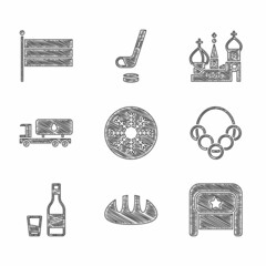 Poster - Set Snowflake, Bread loaf, Ushanka, Russian bagels, Bottle of vodka with glass, Tanker truck, Saint Basil's Cathedral and National flag icon. Vector