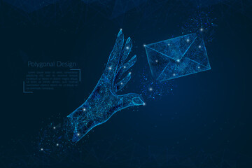 Wall Mural - abstract isolated image of human hand sending letter. polygonal illustration looks like stars in the