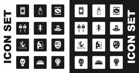 Sticker - Set Beans in can, Lizard, Maracas, Mexican carpet, sombrero, Burrito, Aztec mask and Cactus icon. Vector