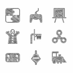 Sticker - Set Basketball backboard, Whirligig toy, Toy train, Fidget spinner, piano, puppet doll on hand, Chalkboard and Puzzle pieces icon. Vector