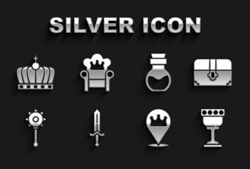 Sticker - Set Medieval sword, Antique treasure chest, goblet, Location king crown, chained mace ball, Poison bottle, King and throne icon. Vector