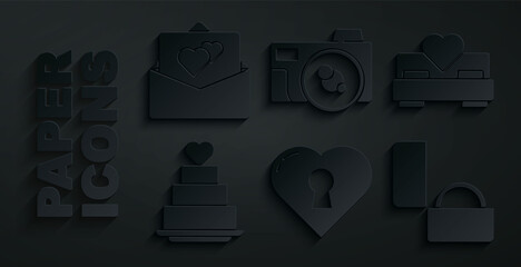 Sticker - Set Heart with keyhole, Bedroom, Wedding cake heart, Diamond engagement ring, Photo camera and Greeting card icon. Vector