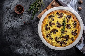 Wall Mural - Traditional french pie Quiche Lorraine mushrooms champignons and cheese. Savory tart pie with mushrooms. banner, menu recipe place for text, top view