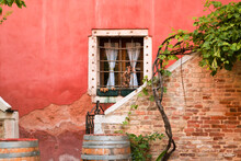 Old Architecture Of Italian Houses, Narrow Streets In Venice. Lonely Window And Stairs, Village Wall