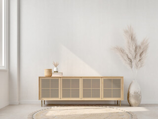 Wall Mural - TV cabinet in minimal living room with pampas,pot,rug and sunlight on white concrete wall.3d rendering