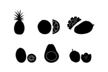 Black Silhouettes On A White Background, Various Exotis Fruits. Vector Illustration.