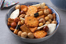 Bowl With Mixture Of Japanese Rice Crackers, Senbei,  Close Up 