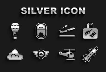 Poster - Set Aviation emblem, Suitcase, Rocket, Helicopter, Cloud weather, Plane takeoff, Hot air balloon and Airplane window icon. Vector