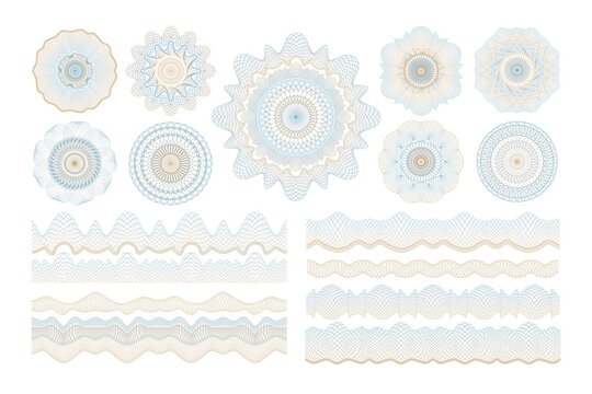 Wall Mural - Line watermark. Guilloche thin graphic for diploma or certificate. Voucher and banknote abstract security symbols. Grid and wavy border ornaments. Vector document guarantee elements set