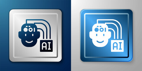 Wall Mural - White Humanoid robot icon isolated on blue and grey background. Artificial intelligence, machine learning, cloud computing. Silver and blue square button. Vector