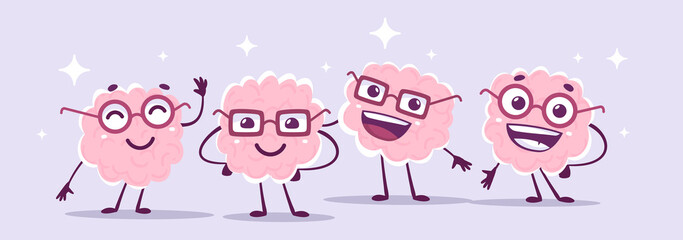 Wall Mural - Vector creative illustration of group of happy pink brain character in glasses on color background. Flat doodle style knowledge concept design of team of happy human brain character