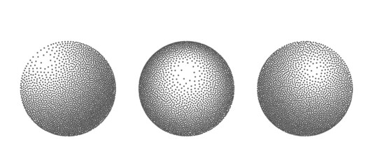 volumetric 3D spheres in the Dotwork halftone style. Grunge black dots with noise effect.