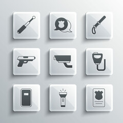 Sticker - Set Flashlight, Police badge with id case, Walkie talkie, Security camera, assault shield, Pistol or gun, Telescopic baton and rubber icon. Vector