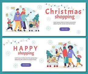 Wall Mural - Family Christmas shopping horizontal flyers set flat vector illustration.