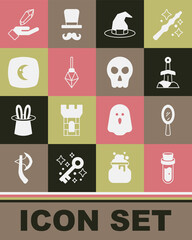 Poster - Set Bottle with potion, Magic hand mirror, Sword in the stone, Witch hat, Moon stars, and Skull icon. Vector