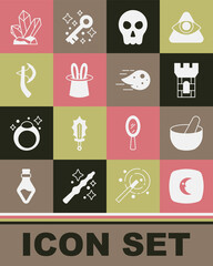 Poster - Set Moon and stars, Witch cauldron, Castle tower, Skull, Magician hat rabbit ears, Wooden axe, stone and Fireball icon. Vector