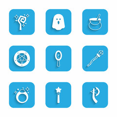 Sticker - Set Magic hand mirror, wand, Wooden axe, staff, stone ring, Pentagram circle, Witch cauldron and icon. Vector