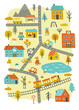 © Sonium_art - Vertical city map print for nursery carpet. Little autumn town with cars, roads, animals, houses, plants, railway, lake, hospital.
