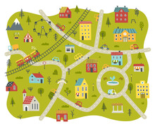 Doodle City Baby Map Carpet. Childish Nursery Town Print With Houses, Cars, Roads, Mountain, Hospital, Train, Trees, Fire Engine, Police Car, Garbage Truck, School, Church, Railway.