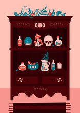Vector Illustration Of Cupboard With Witchcraft Esoteric Magical Objects. Witch Mystical Items, Skull, Sphere, Kandle, Fly Agaric, Vial, Witch Hat, Magic Herbs. Flat Illustrations For Merch.