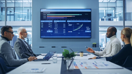 Poster - Office Conference Room Meeting: Group of Entrepreneurs, Managers Talk, Use TV Screen Infographics, Analysing Charts, Graphs, Growth Statistics. Businesspeople Discuss e-Commerce Investment Strategy