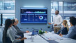 Leinwandbild Motiv Office Conference Room Meeting Presentation: Black Businessman Talks, Uses TV Screen to Show Company Growth with Big Data Analysis, Graphs, Charts, Infographics. e-Commerce e-Business.