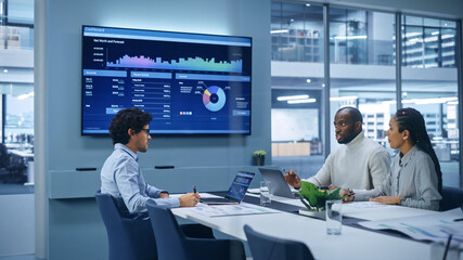 Poster - Multi-Ethnic Office Conference Room Meeting: Team of Three Creative Entrepreneurs Talk, Discuss Growth Strategy. Stylish Young Businesspeople work on Digital e-Commerce Startup, Uses TV Screen.