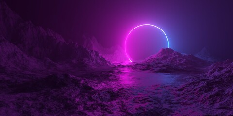 Wall Mural - Mountain terrain landscape with pink and blue glowing neon light circle shape and shiny floor, retro technology or futuristic alien background template