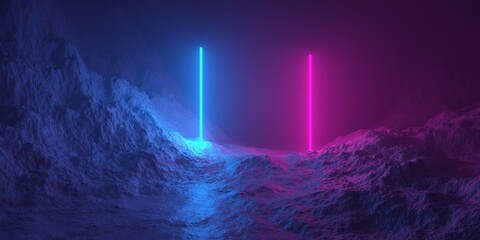 Wall Mural - Mountain terrain landscape with pink and blue neon light glowing lines frame, retro technology or futuristic alien background template