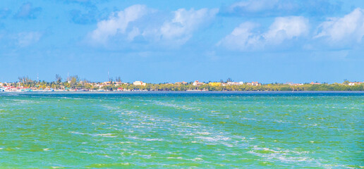 Panorama landscape view on beautiful Holbox island turquoise water Mexico.