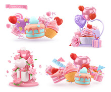Happy Valentines Day Decoration. Cake, Cupcake, Gift Box, Balloon, Heart, Flower. 3d Render Set Vector Objects