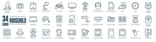 Household Appliances Vector Icon Set Such As Toaster, Blender, Hairdryer, Electric Range, Video And Photo Camera. Editable Line Icon Collection