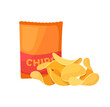 Potato chips concept. Large package with fried crispy vegetable slices for snacks. Fast or harmful food. Design element for advertising. Cartoon flat vector illustration isolated on white background