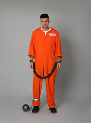 Wall Mural - Prisoner in jumpsuit with chained hands and metal ball on grey background